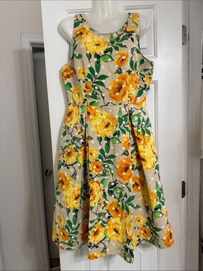 New York & Company Yellow Floral Fit-and-Flare Dress